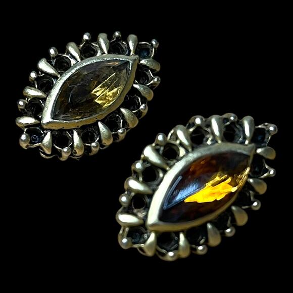 Vintage Amber Glass Marquise Stone Brass Tone Post Earrings - Picture 14 of 16